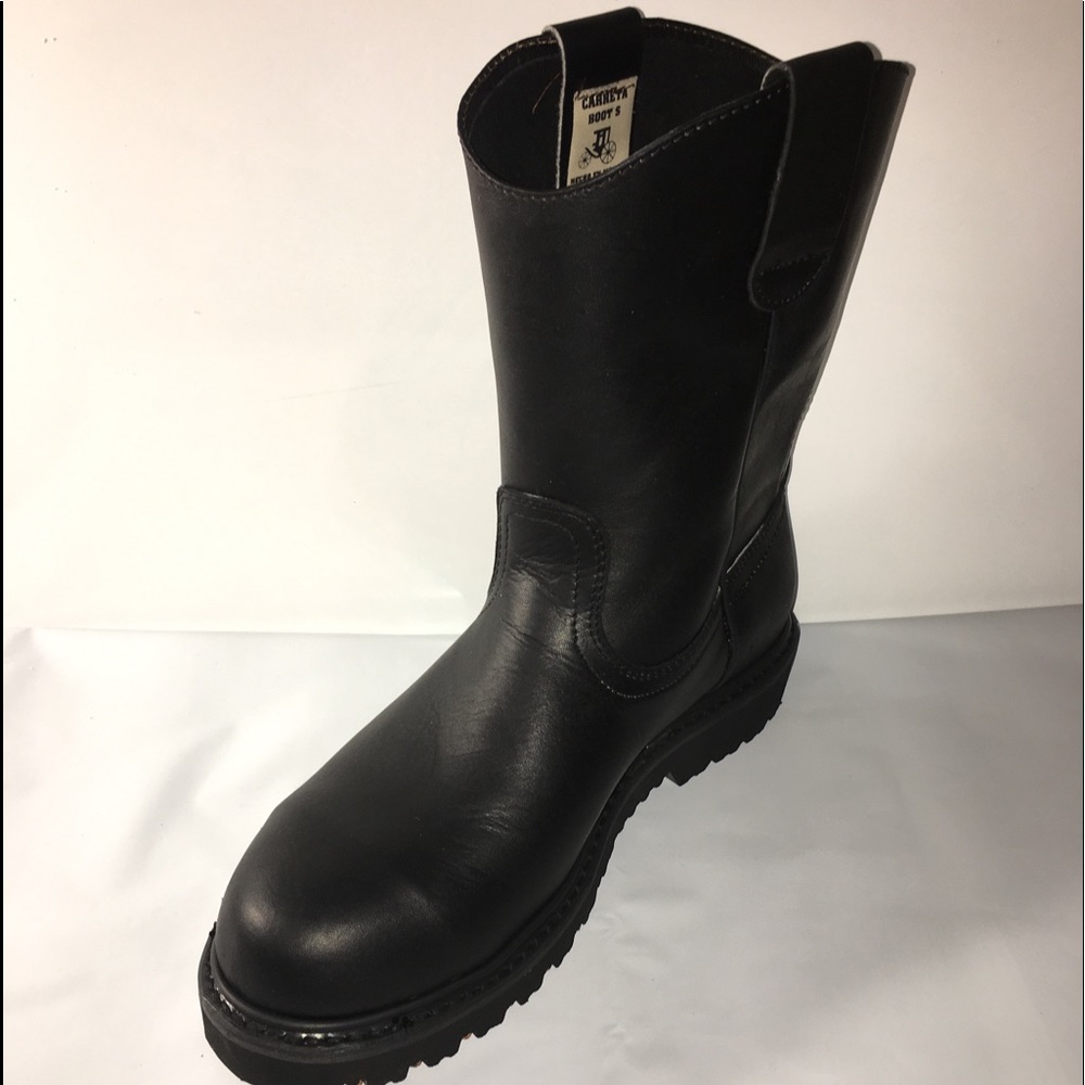 Men's Work Boots Pull On Leather Black STEEL TOE Bota Trabajo Casquillo Acero